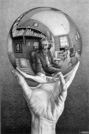 艾歇尔名画hand-with-reflecting-sphere-1935-lithograph